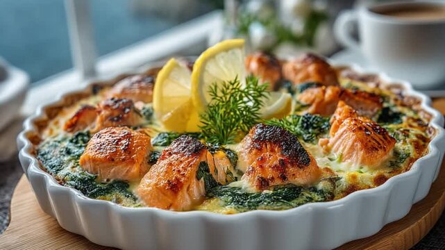 Salmon Tart in Culinary Art: A delectable salmon tart, artfully presented, showcasing flaky pastry, vibrant spinach, tender salmon, and a hint of fresh lemon.