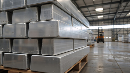 Stacks of raw aluminum metal ingots in a large industrial warehouse. Heavy silver steel bars on pallets for manufacturing. Logistics and supply chain concept with forklift background