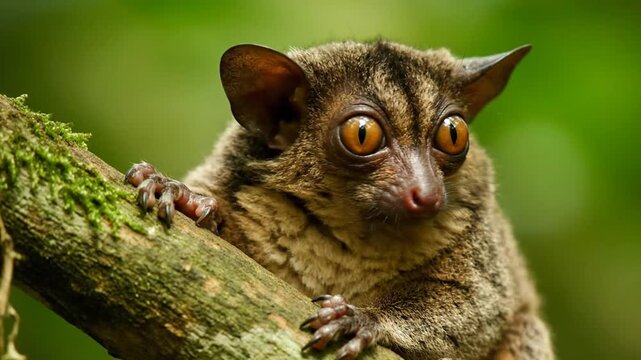 A primate with huge eyes perches on a moss-covered branch, blending with the verdant, blurred background