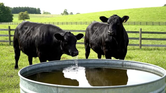 Two Black Angus Cows Standing by a Metal Water Tank in a Green Pasture for Livestock Hydration and Sustainable Ranch Management Practices.
