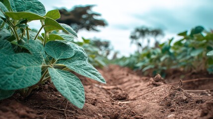 Close Up of Lush Green Soybean Plants with Dew Drops in a Rural Agricultural Field Under a Soft Overcast Sky