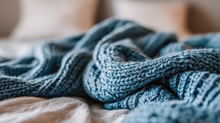 Close Up of Textured Blue Knitted Blanket on Neutral Bedding in Soft Natural Light Bed Pillows Visible in Background