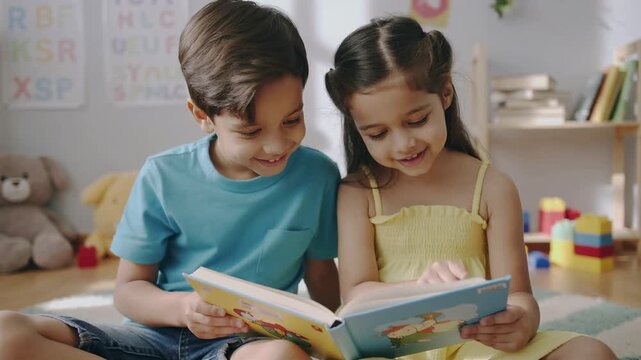 Young children reading a book together in a cozy and colorful playroom