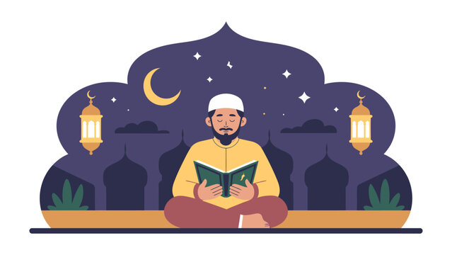 Islamic Scholar at Dusk: A devout scholar in traditional attire immerses himself in a sacred text beneath a starry night sky, illuminated by the gentle glow of lanterns. 