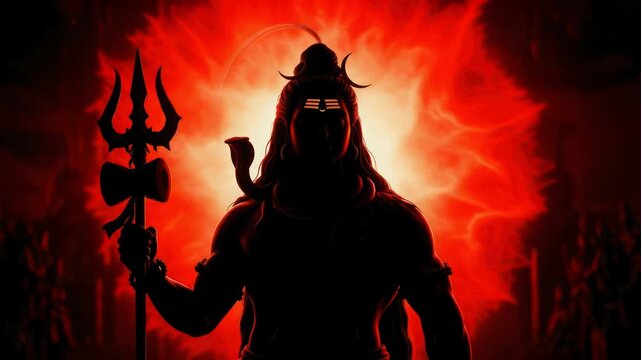 Silhouette of Lord Shiva with Trident and Serpent against Fiery Red Background