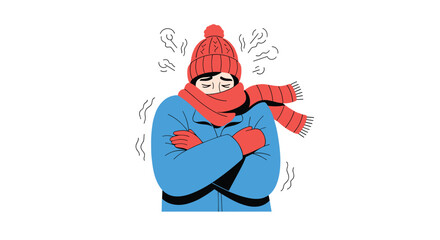 Fototapeta premium Person bundled in a winter coat, scarf, and hat shivering uncontrollably in freezing cold weather with visible frosty breath.