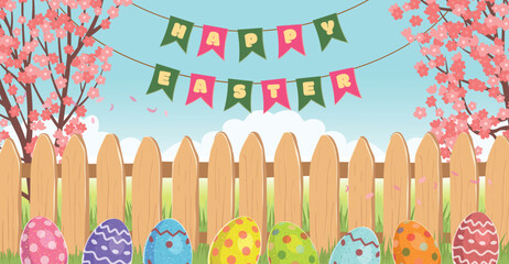 Easter banner with a fence and cherry blossoms. Colored eggs lie hidden in the grass. Happy Easter.