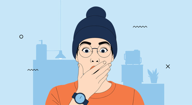 Shocked young person with wide eyes and a hand over their mouth, expressing surprise, disbelief, or astonishment in a room.