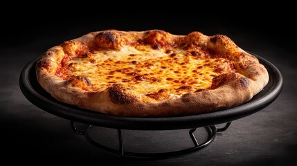 Delicious Round Cheese Pizza with Crispy Crust on a Black Elevated Stand Against Dark Background Gourmet Food Still Life Italian Cuisine Rustic Tabletop Display