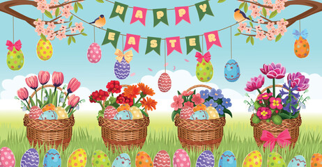 Easter banner with baskets of flowers and blooming sakura. Colored eggs hang on strings and lie hidden in the grass. Happy Easter.