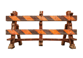 Wooden barrier with orange stripes, rough, aged, construction-zone look