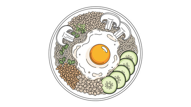 Bowl of delicious ramen noodles topped with a fried egg, sliced mushrooms, fresh cucumbers, and assorted beans in a detailed illustration.