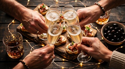 Group of friends toasting with champagne glasses over wooden table. Overhead view of male hands clinking flutes at holiday party with appetizers and fairy lights. Celebration concept