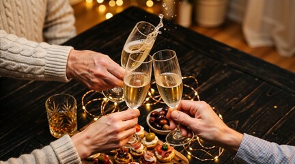 People clinking champagne glasses in a toast. Friends celebrating with appetizers and drinks at a festive dinner party. New Year's Eve or Christmas holiday gathering concept