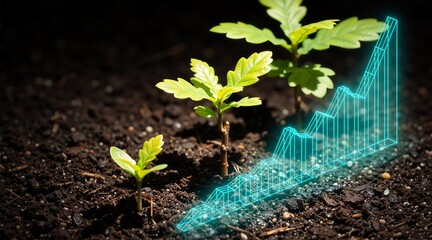 Growth of green saplings with a digital financial graph. Small oak plants sprouting from dark soil with rising blue chart overlay. Sustainable business development and green economy concept