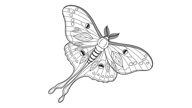 Detailed black and white line art illustration of a large moth with ornate wing patterns and feathered antennae in a botanical style.