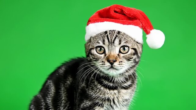 Isolated green screen footage of a docile tabby kitten sitting still and calm while wearing a small festive red Santa hat, perfect for easy video compositing isolation, visual, cutout