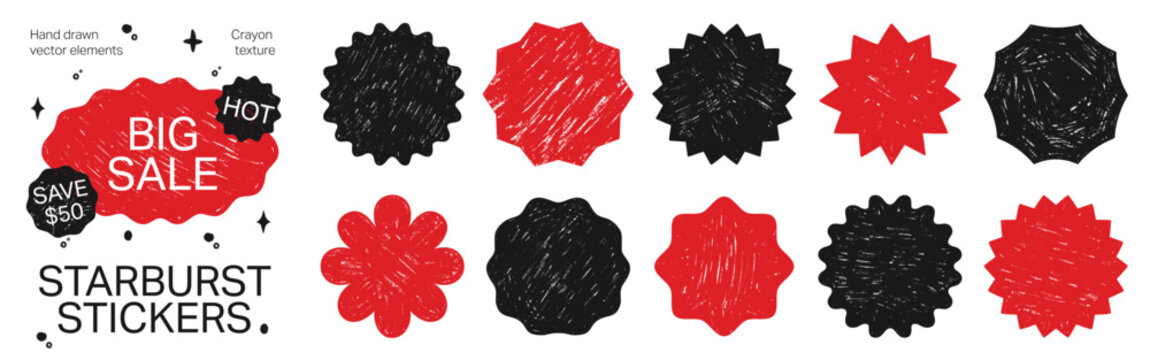 Crayon starburst stickers set. Hand drawn promo badges with rough scribble texture and scallop, wavy and zigzag edges. Sale and discount label shapes.