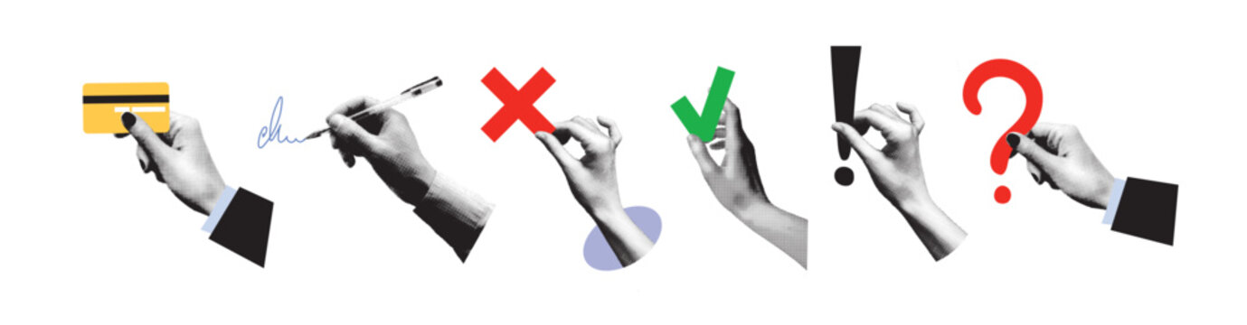 A collection of hands holding business symbols a credit card, a pen, a checkmark, a cross, an exclamation mark, and a question mark. Halftone dotted collage illustration. Concept symbols for decision