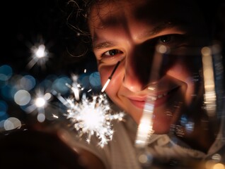 Happy young man smiling with a sparkler at a night party. Close-up portrait celebrating a holiday with festive bokeh lights in the background