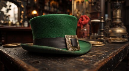 A green leprechaun top hat on a rustic wooden table in a vintage pub. St. Patrick's Day celebration and Irish folklore concept