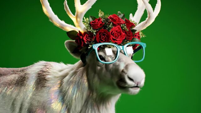 Isolated green screen footage of a fantastical reindeer slowly turning its head wearing large teal glasses and an elaborate red rose floral crown alpha, creature, clean