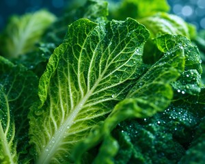 Close-up of fresh green leafy vegetables with water droplets. Detailed texture of organic produce. Healthy eating concept