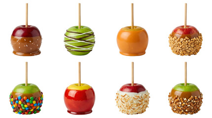 Gourmet candy and caramel apple set including chocolate drizzle, crushed nuts, sprinkles, and coconut toppings isolated. Autumn treat and confectionery collection.