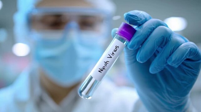 Nipah virus research lab, technician handling virus sample safely, protective gloves, medical study, epidemic prevention, laboratory analysis for healthcare research.