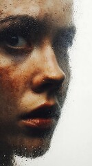 A close-up of a woman's face partially obscured by condensation on glass, conveying a sense of introspection and emotion.