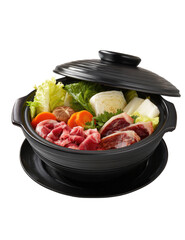 Black pot with raw meat and vegetables, lid askew, on a matching dish