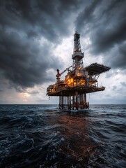 Vertical photo of an illuminated offshore oil rig platform in a stormy ocean. Industrial drilling structure against dark dramatic clouds. Petroleum energy industry concept