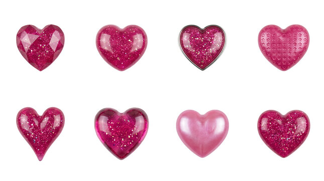Pink heart collection including faceted, glitter, pearl, and star embossed styles isolated. Valentines day decorative jewelry and craft accessory set.