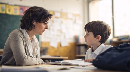Serious female teacher talking to a young male student in a classroom. Woman mentoring a schoolboy at a desk with an open book. Education and guidance concept