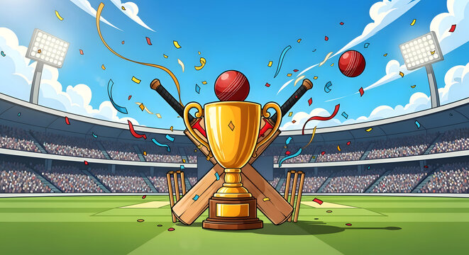 Cricket stadium celebration with trophy bat ball and confetti under bright blue sky