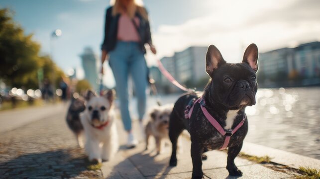Outdoor dog walker near city river focused on a French bulldog