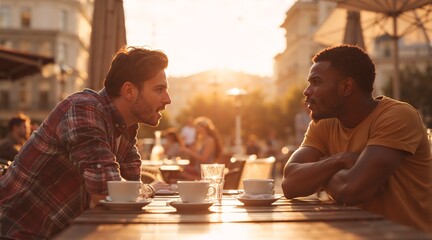 Two diverse male friends talking at an outdoor cafe table. Young men having a serious conversation over coffee in the city at sunset