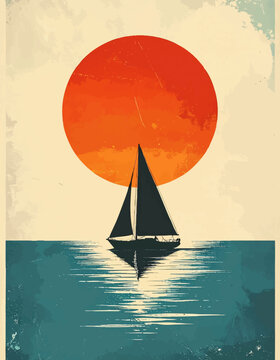 Sailboat sailing red sunset ocean minimalist poster