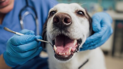 Veterinarian inspects a dog s teeth closely at clinic