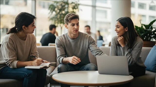 Diverse group of young students collaborating on a project in a modern study space.