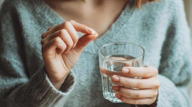Woman preparing to take a painkiller with water Health and treatment theme