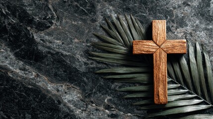 Wooden cross on black marble abstract religious theme for Palm Sunday