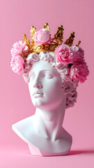 Classical white female statue bust wearing a beautiful wreath crown of pink roses and white flowers on a pink background concept of spring beauty and nature