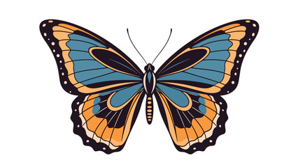 Fototapeta premium Striking butterfly illustration features vibrant blue and orange wings with intricate black outlines and white dotted border patterns.