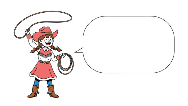 Playful cartoon cowgirl character wears a red hat and swings a lasso next to a large blank speech bubble for custom text and messages.