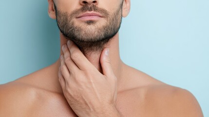 Fototapeta premium Thyroid self check by a person on a light blue backdrop close up of the endocrine system