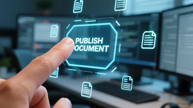 Publishing document concept with finger pointing digital screen surrounded by file icons, cybersecurity ai software developer coding programming technology machine learning next gen