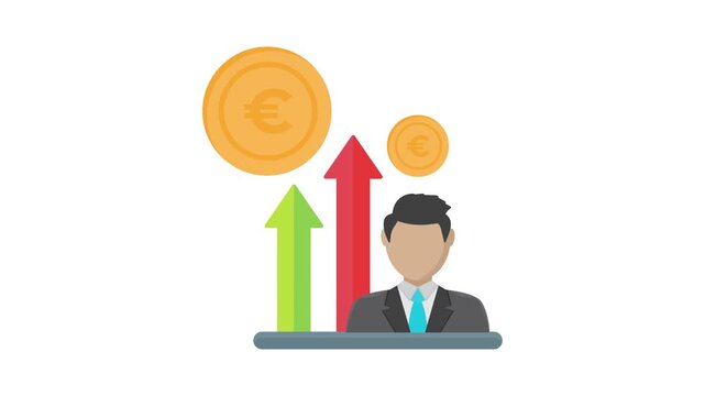 A man in a suit and tie stands beside an arrow and a coin, symbolizing finance or investment strategies.