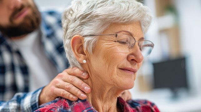 Senior woman with shoulder and neck pain seeks medical advice for myofascial pain syndrome fibromyalgia rheumatism scapular pain and cervical spine issues focusing on ergonomic