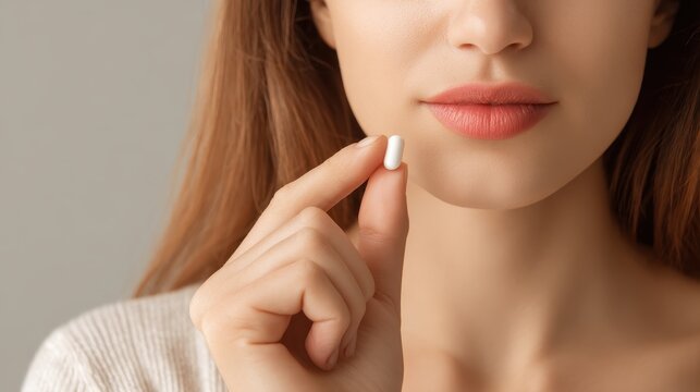 Zoomed in view of a woman with a white pill representing the oral medication Rybelsus a substitute for Ozempic injections in diabetes and weight control